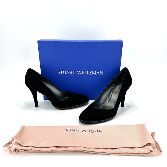 Stuart Weitzman Black Stiletto Heel Pump Sz 7 Suede Almond Toe Mini Platform New - Picture 1 of 14